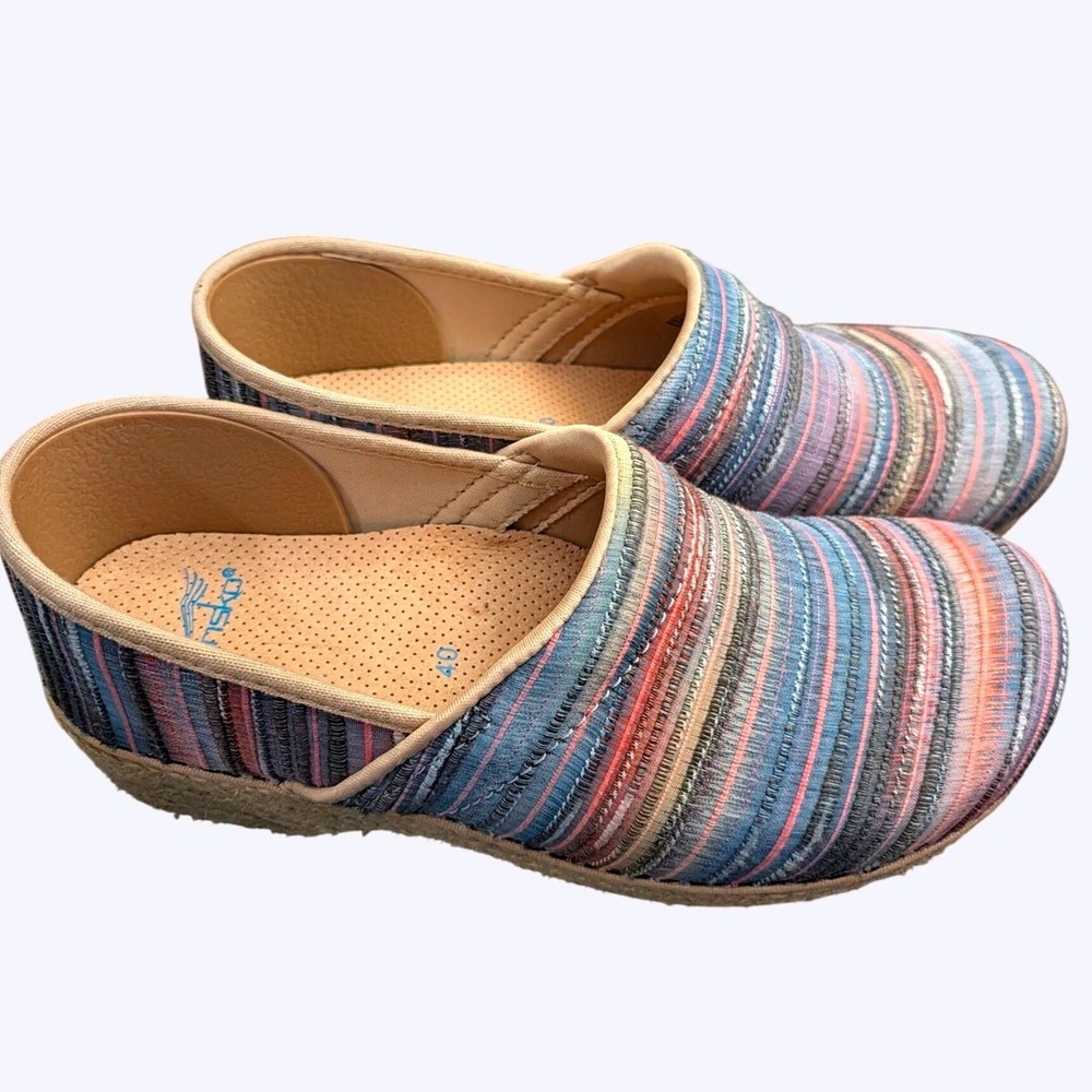 Dansko Womens Multicolor Striped Textile Espadrille Work Clogs Blue Coral 9.5